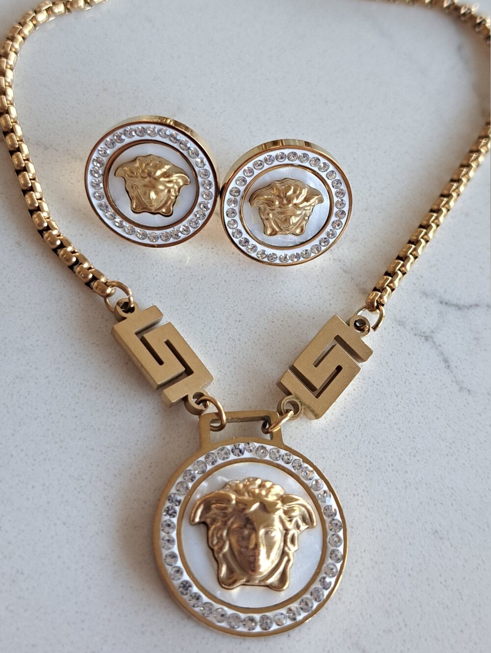 Full Hallmark,Versace Golden Set,Pendant Necklace with Matching Earrings